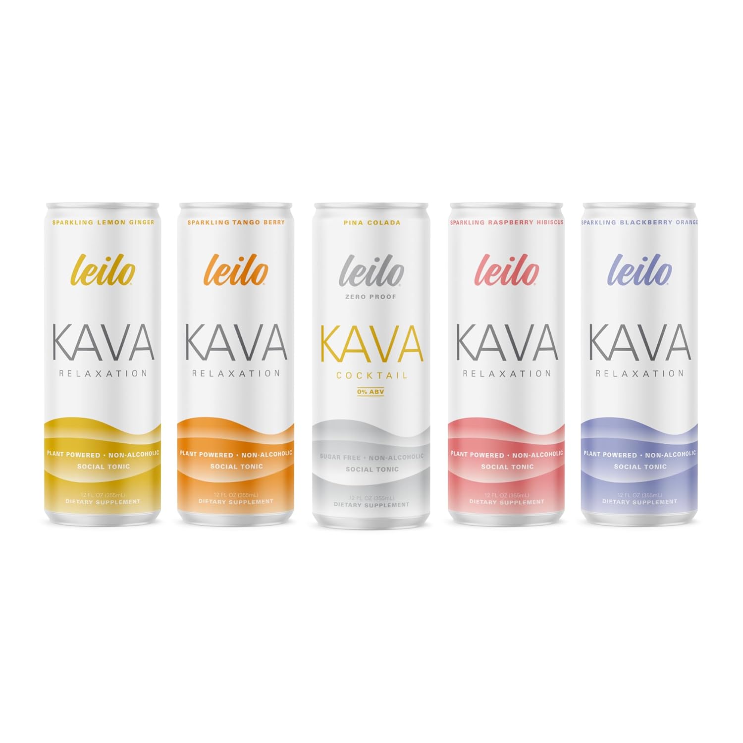 Row of five Leilo Kava sparkling beverage cans displayed on a white background, featuring assorted flavors including lemon ginger, tango berry, piña colada, raspberry hibiscus, and blackberry orange in color-accented designs.
