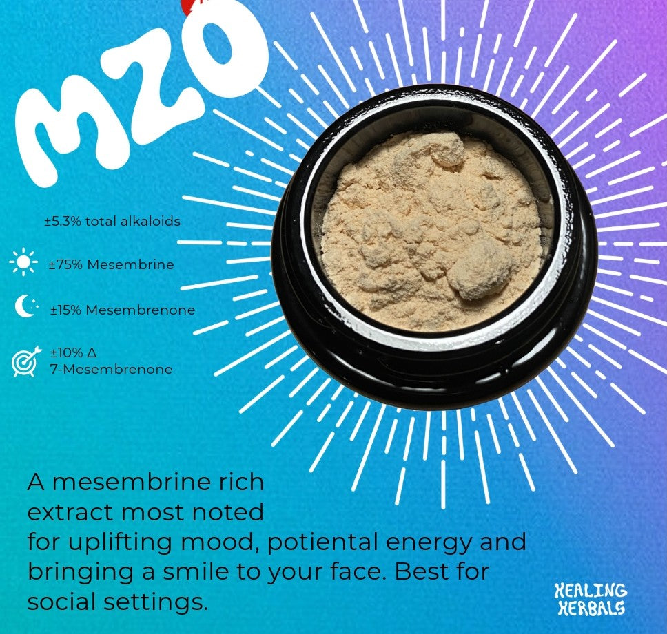 Promotional graphic of MZO kanna extract powder by Healing Herbals, showing a top-down view of a black jar filled with fine tan powder on a blue-to-purple gradient background, with text highlighting mesembrine-rich alkaloid content and suitability for uplifting, social settings.