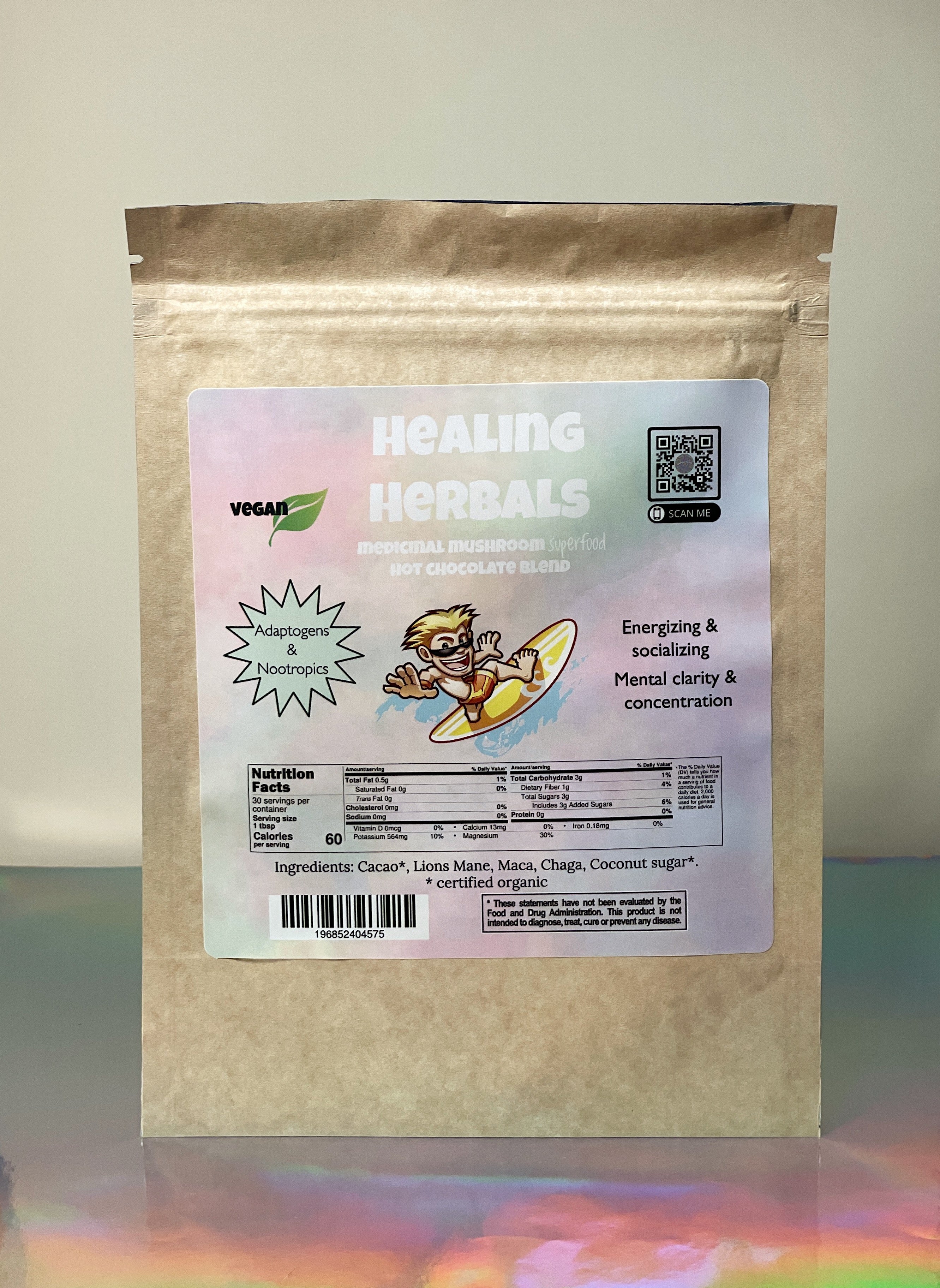 Healing Herbals medicinal mushroom superfood hot chocolate blend in a brown resealable pouch, featuring a vegan label, adaptogens and nootropics callout, nutrition facts panel, and ingredient list including cacao, lion’s mane, chaga, and maca, displayed upright on a reflective surface against a clean neutral background.
