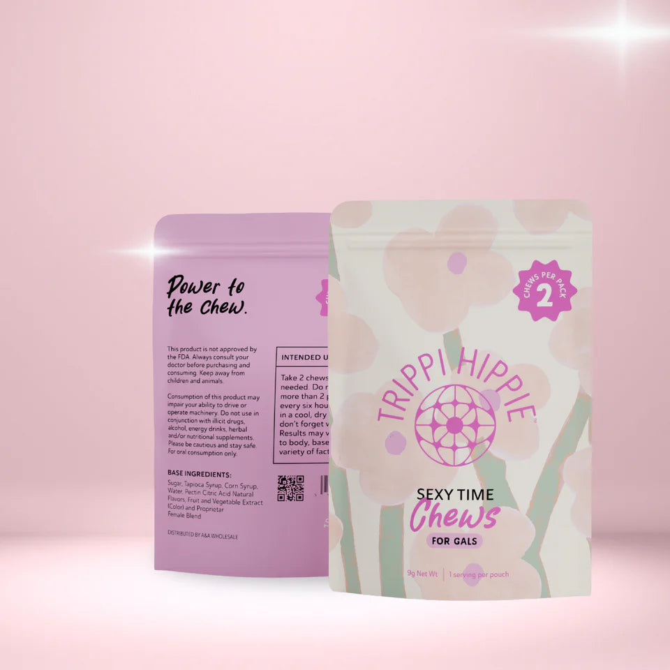 Front and back view of pastel Trip Hippie Sexy Time Chews pouches with floral-style design.