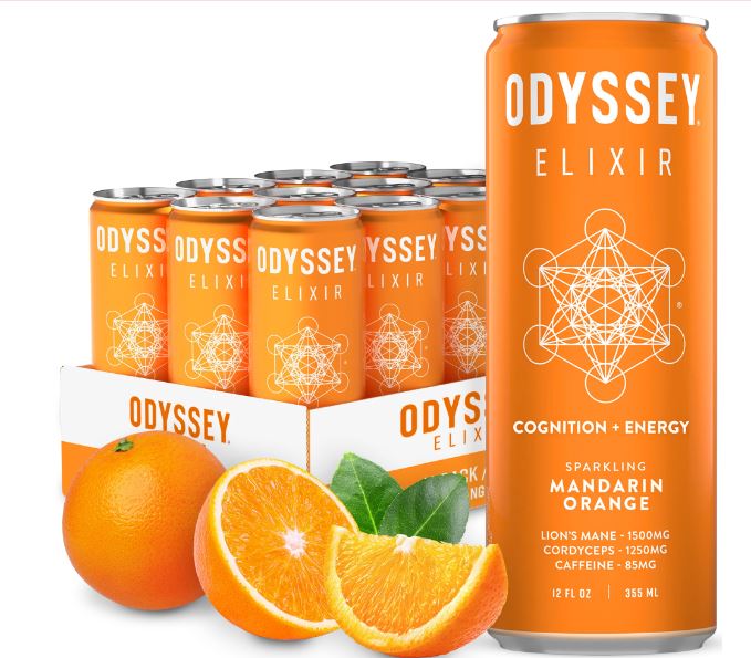 Odyssey Elixir sparkling mandarin orange can labeled “Cognition + Energy,” displayed with a 12-pack case and fresh mandarin oranges on a white background.