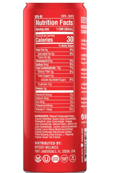 Odyssey Elixir Sparkling Passion Fruit Orange / Guava Flavor Nutrition Facts Healing Herbals