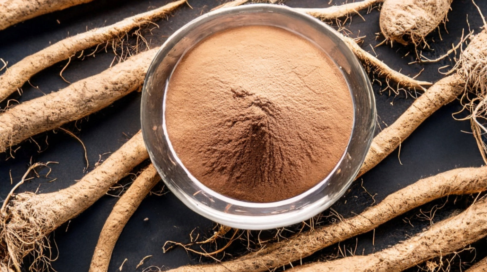 Organic ashwagandha root powder in a clear glass bowl, finely ground brown powder surrounded by whole dried ashwagandha roots on a dark background, natural herbal supplement by Healing Herbals.