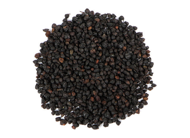 View of organic dried elderberries by Healing Herbals, showing small dark purple-black berries with a natural wrinkled texture on a clean white background.