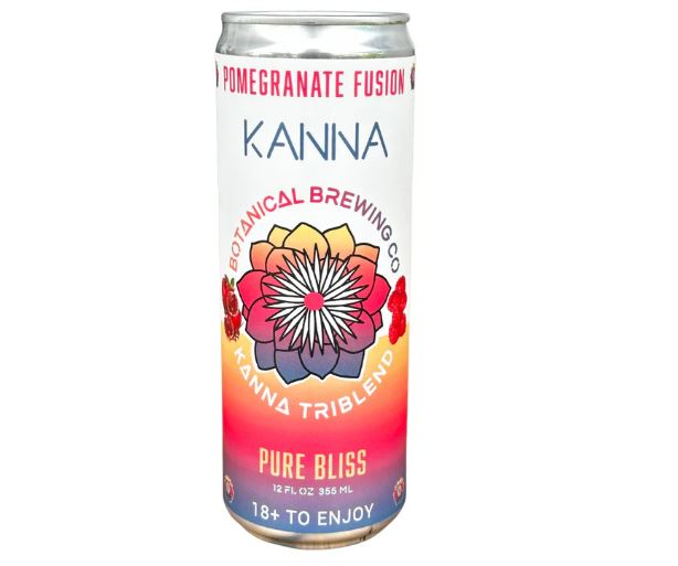 White can featuring a colorful gradient label with a large floral graphic in the center, branded as Botanical Brewing Co.