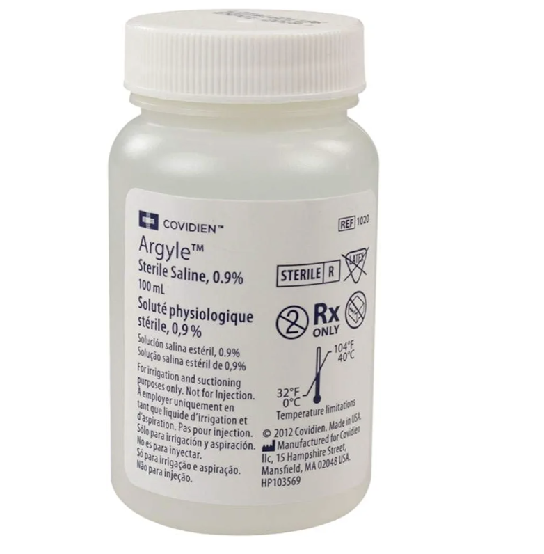 Front view of a sterile saline solution bottle labeled Argyle Sterile Saline 0.9% by Covidien, 100 mL plastic container with white screw cap on a plain white background.