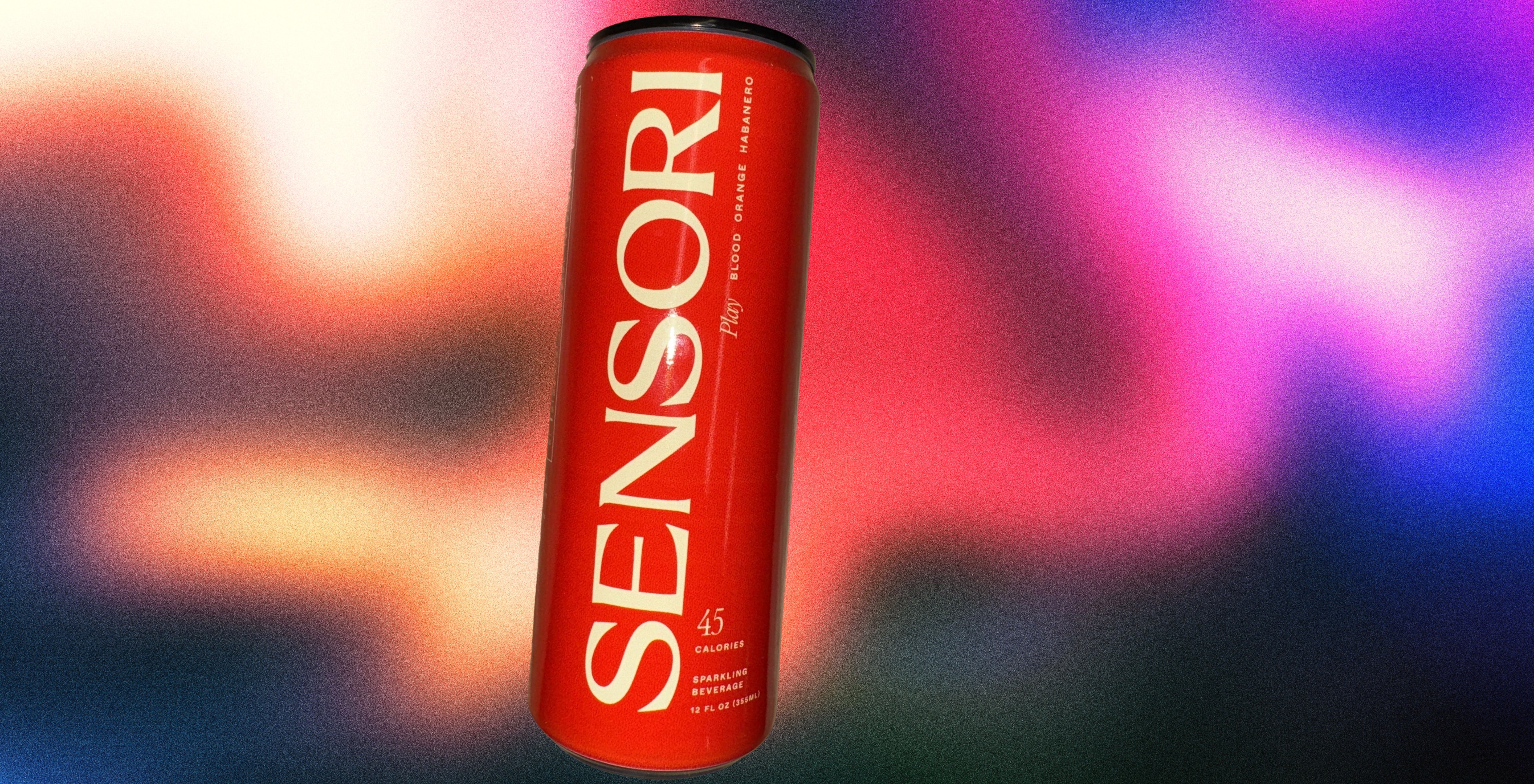 Red can on a colorful background with front label reading ‘SENSORI’ and ‘45 Calories.