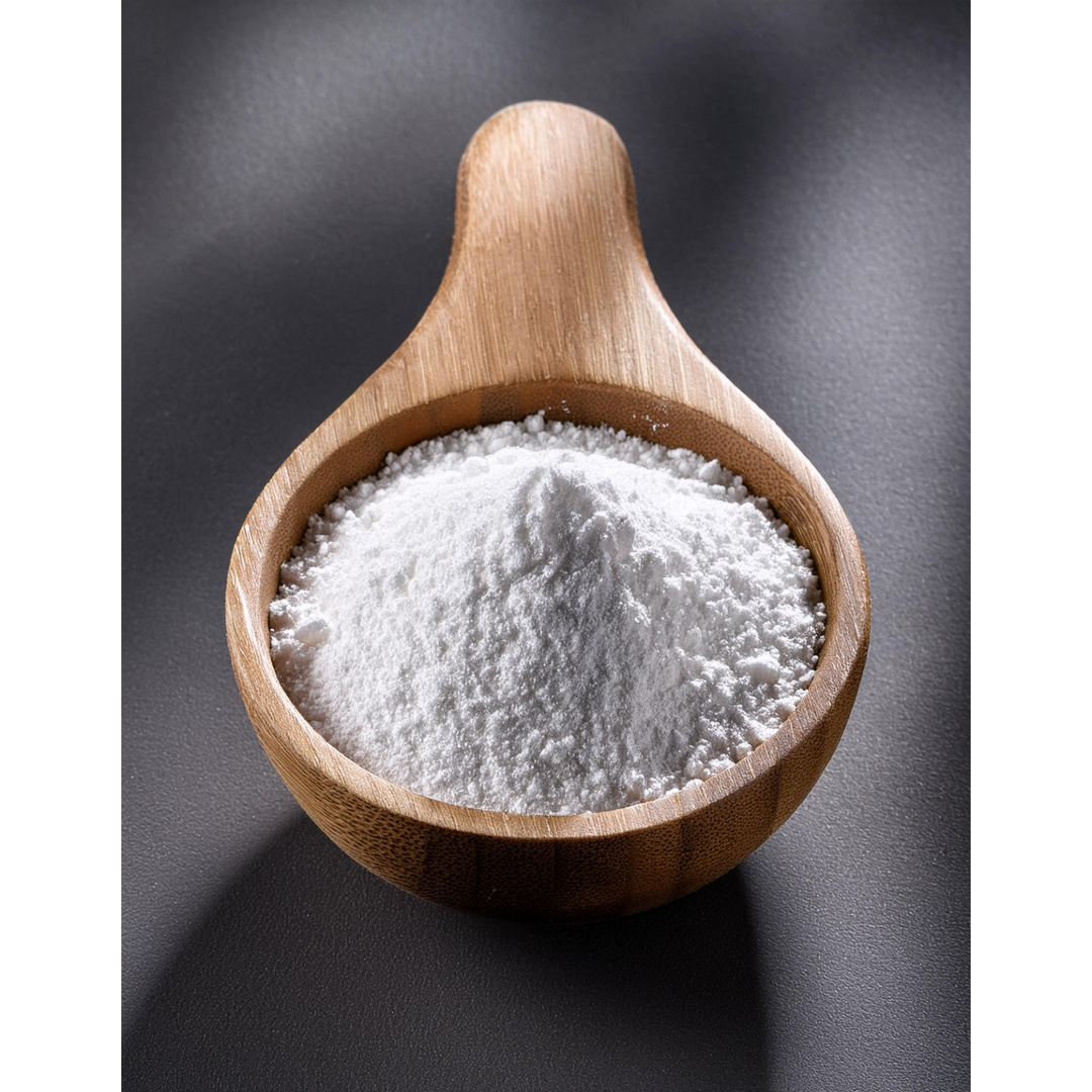 Top-down view of a small wooden scoop filled with fine white herbal powder, displayed on a dark neutral background to emphasize texture and purity.