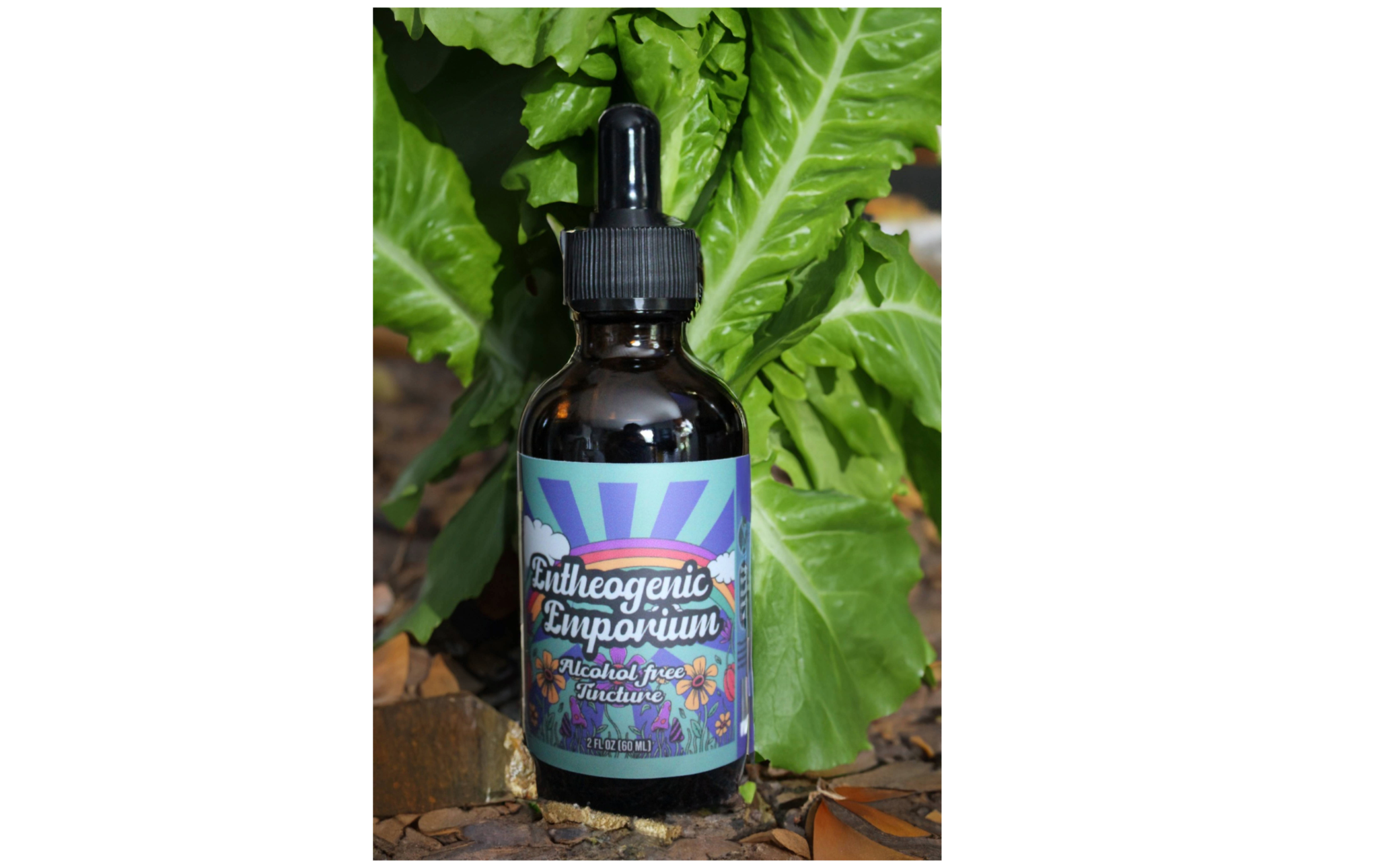 Dark glass dropper bottle of Entheogenic Emporium alcohol-free tincture with colorful illustrated label, displayed outdoors against fresh green leafy foliage for a natural botanical presentation.