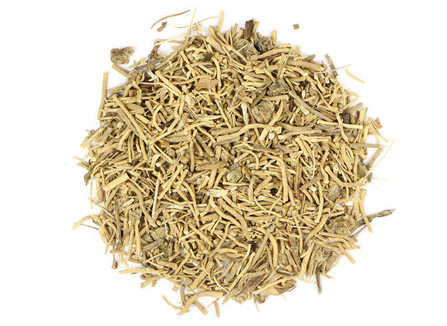 Top-down view of dried valerian root by Healing Herbals, showing light tan shredded root pieces with natural texture on a clean white background.