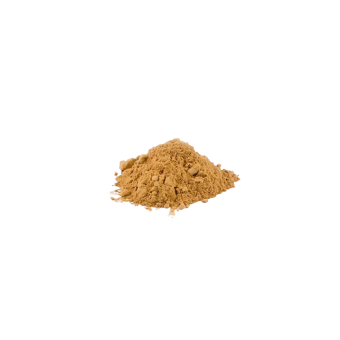 Top-down view of White Lotus extract powder by Healing Herbals, showing a fine tan-brown botanical powder piled neatly on a plain white background.