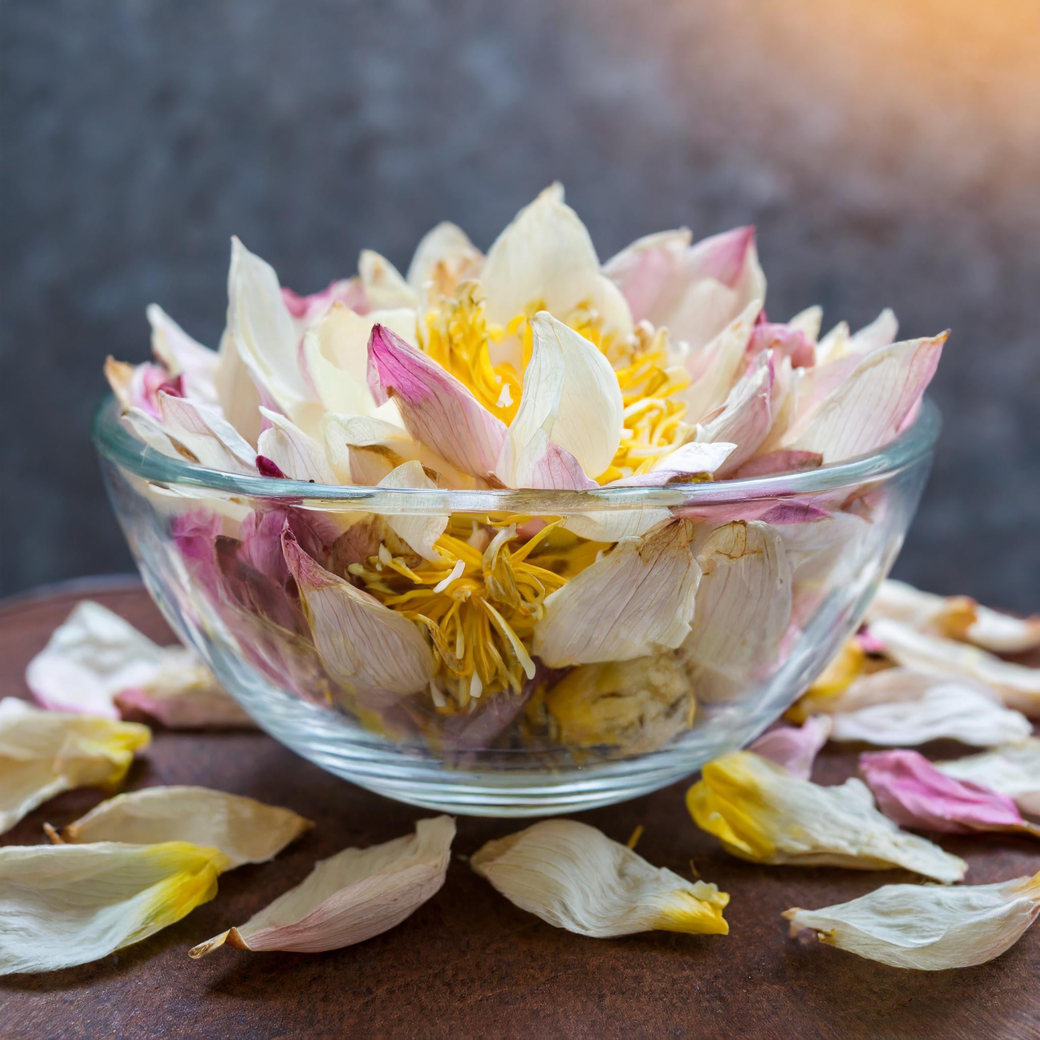 White lotus loose-leaf tea by Healing Herbals, showcasing delicate dried white and pale pink lotus petals with golden centers arranged in a clear glass bowl, with scattered petals on a wooden surface.