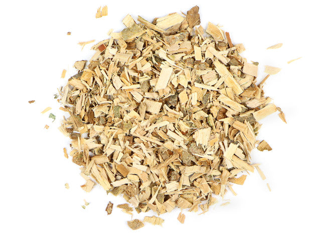 Top-down view of dried white willow bark by Healing Herbals, showing light tan chopped bark pieces with a coarse, woody texture on a clean white background.