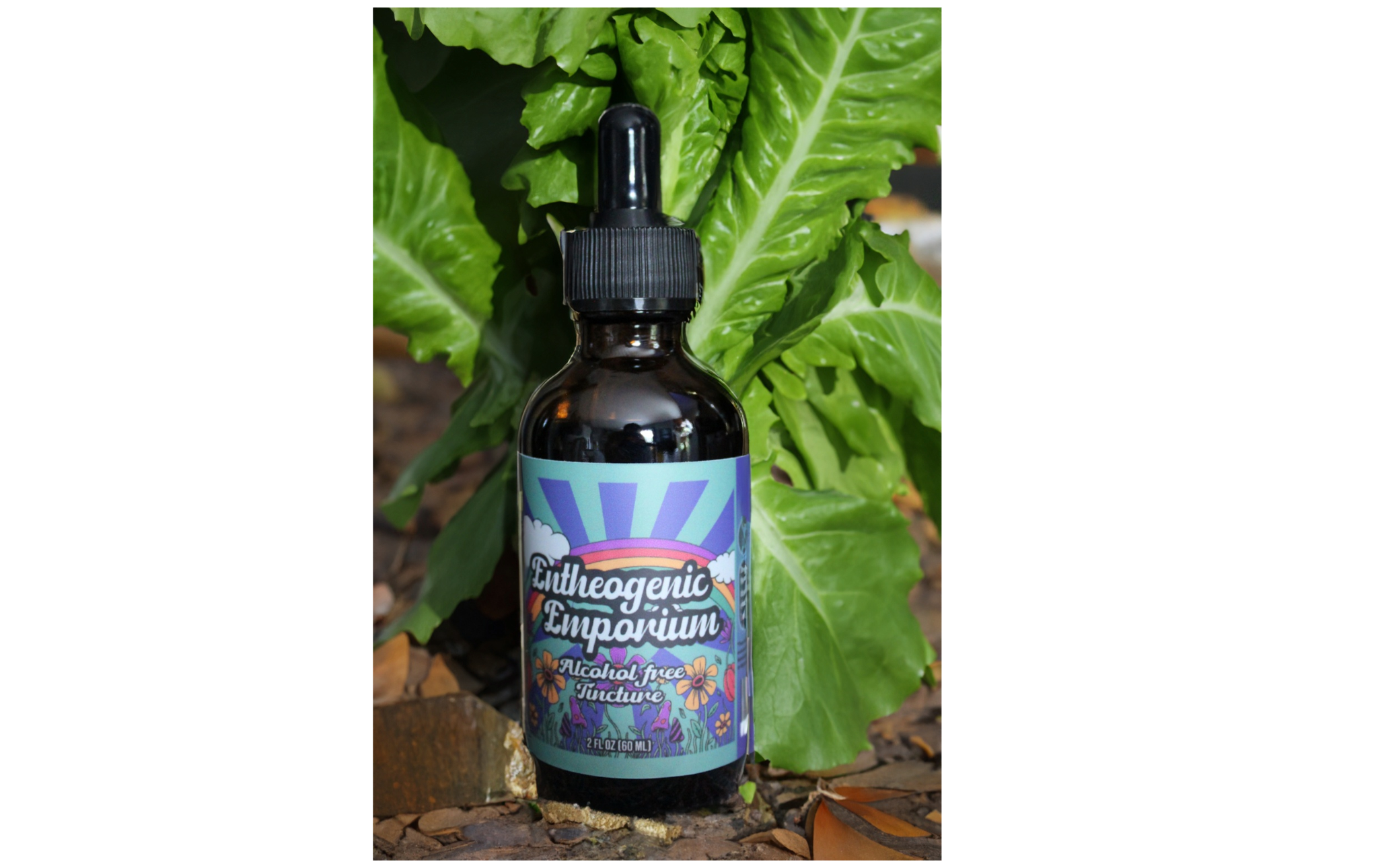 Dark glass dropper bottle labeled “Entheogenic Emporium Alcohol-Free Tincture,” standing upright outdoors among fresh green wild lettuce leaves and natural ground cover.