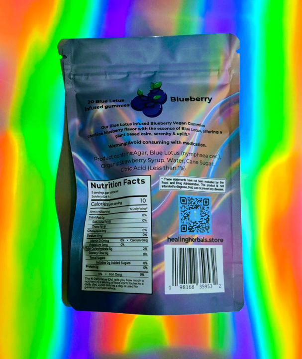 Blue Lotus Gummies (L-theanine and Gaba) - Blueberry Flavor pouch back