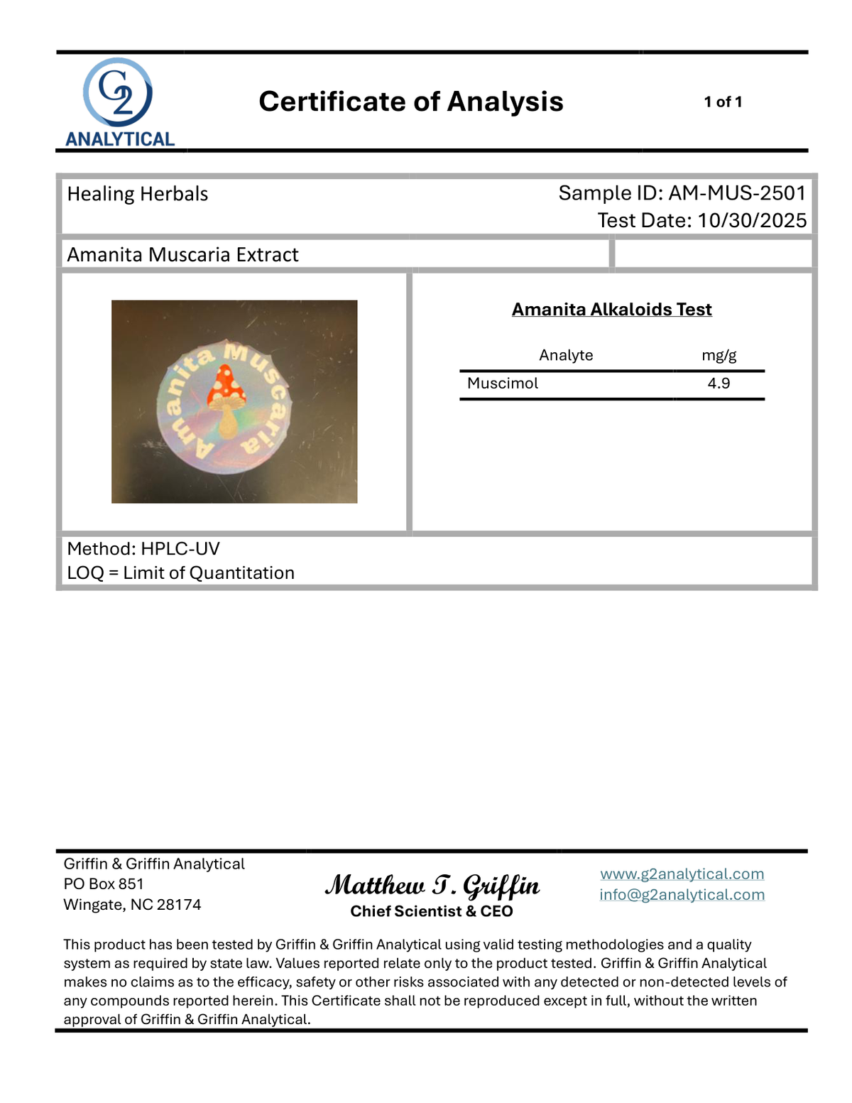 Certificate of Analysis - Amanita Muscaria Extract - G2 Analytical AM-MUS-2501