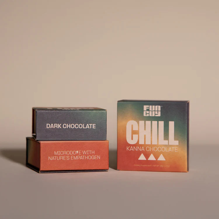 Three colorful dark chocolate boxes on a neutral background, two stacked and one front-facing with label reading ‘CHILL’ and ‘kanna chocolate’.