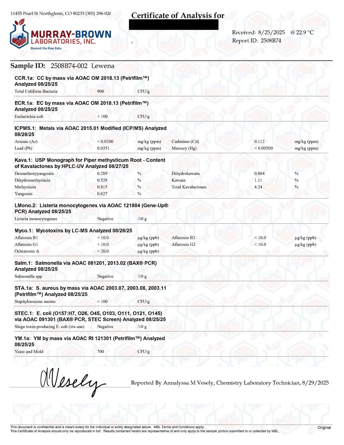 Certificate of Analysis - Kava Medium Grind, Fiji variety (Lewena) - supplier lab report (redacted)