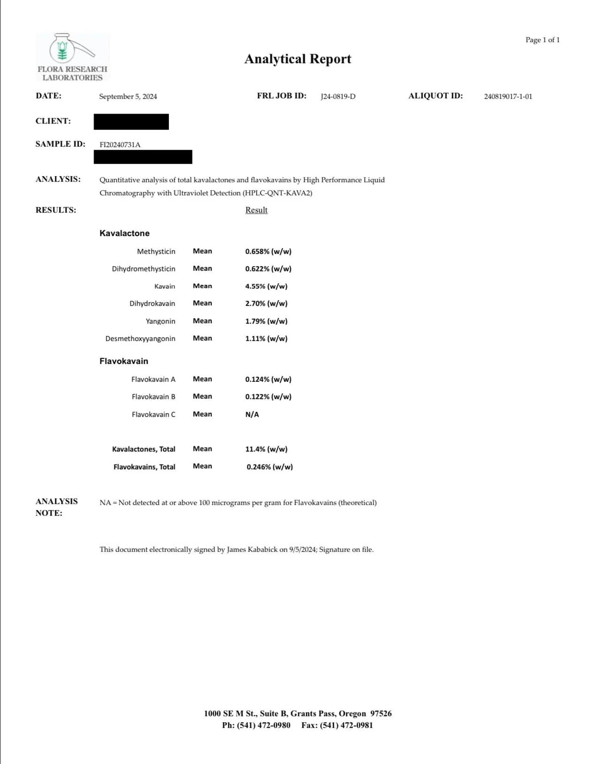 Certificate of Analysis - High Potency Instant Kava 11.4% - supplier lab report (redacted)