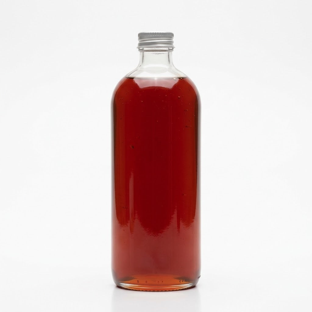 Clear 750 ml glass bottle of deep red fruit flavored syrup with a silver screw cap on a white background