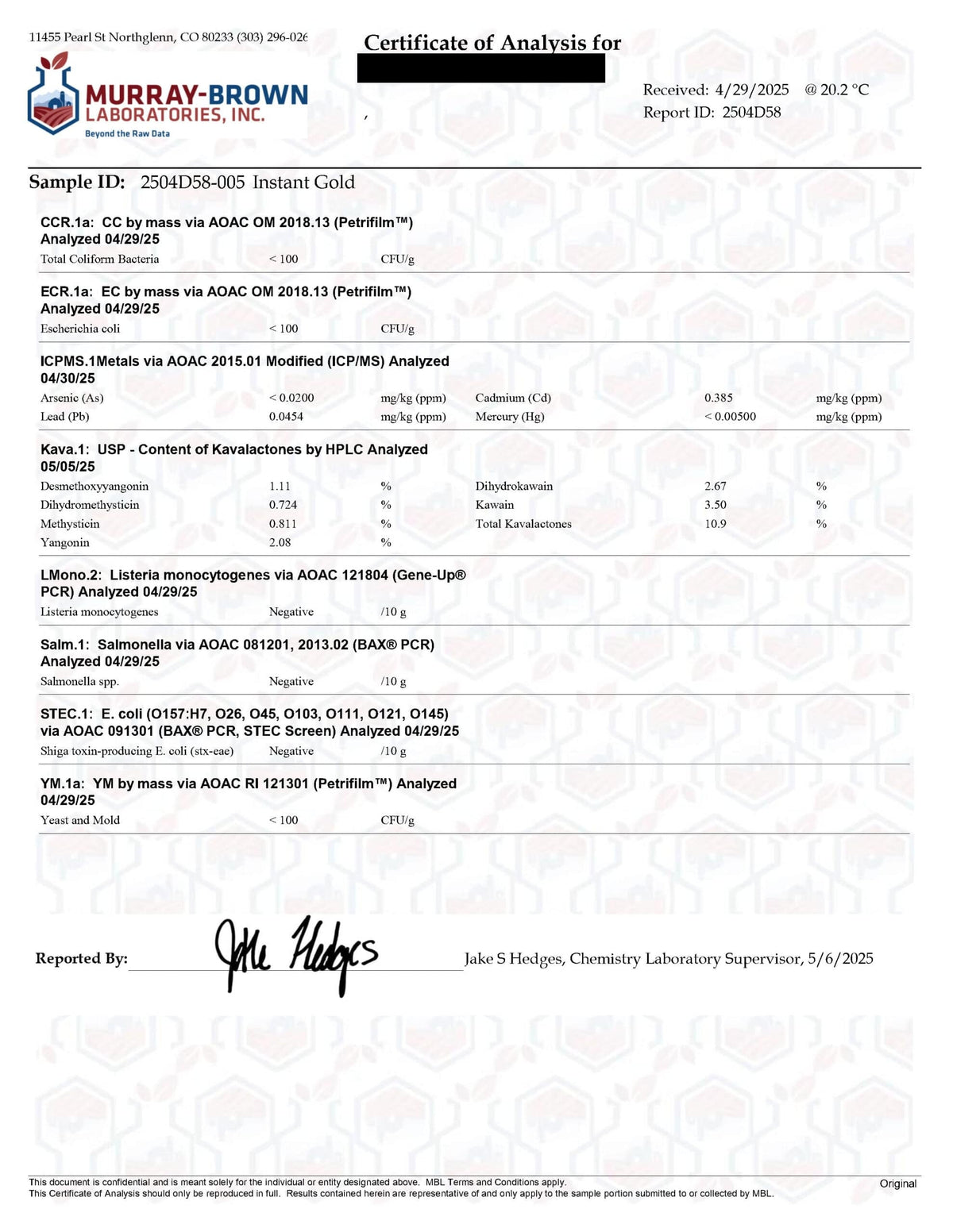 Certificate of Analysis - Instant Kava 'Gold' - supplier lab report (redacted)