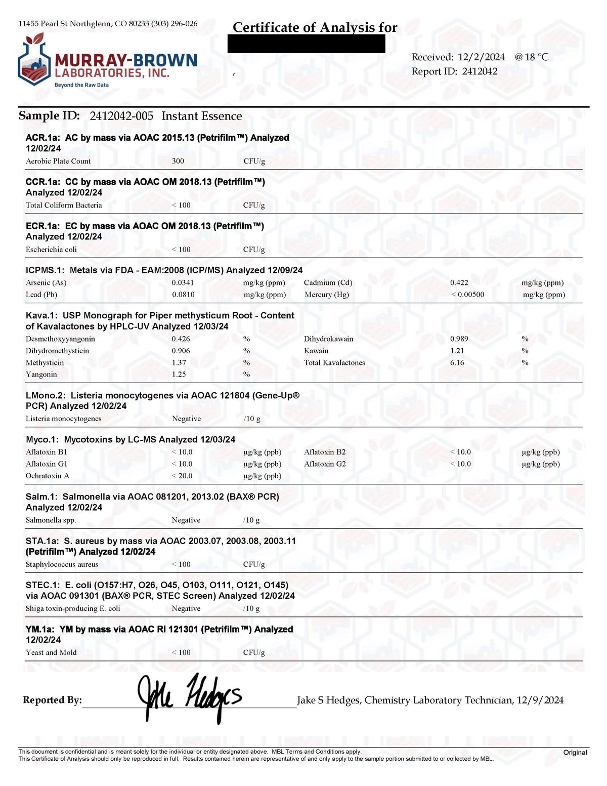 Certificate of Analysis - Instant Kava Heady Variety (Day Time) - supplier lab report (redacted)