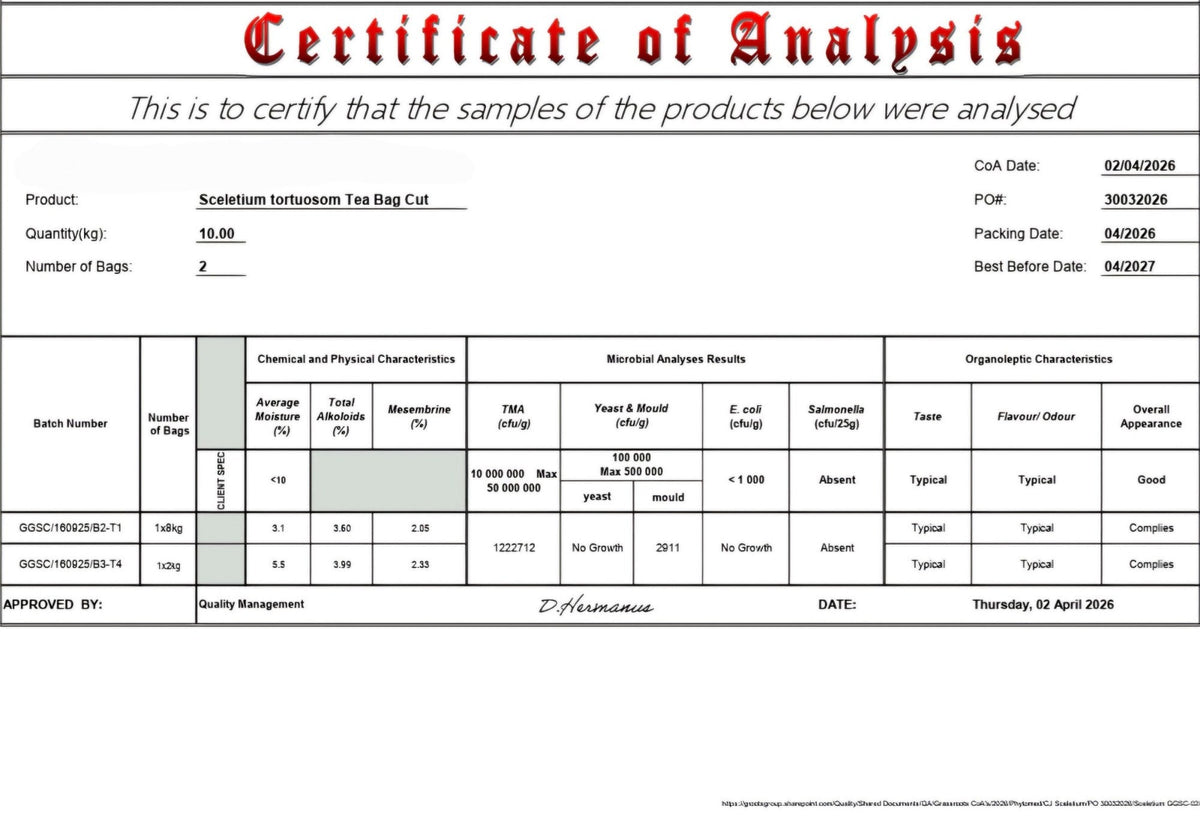 Certificate of Analysis - Kanna Leaf Tea Cut - supplier lab, Apr 2026