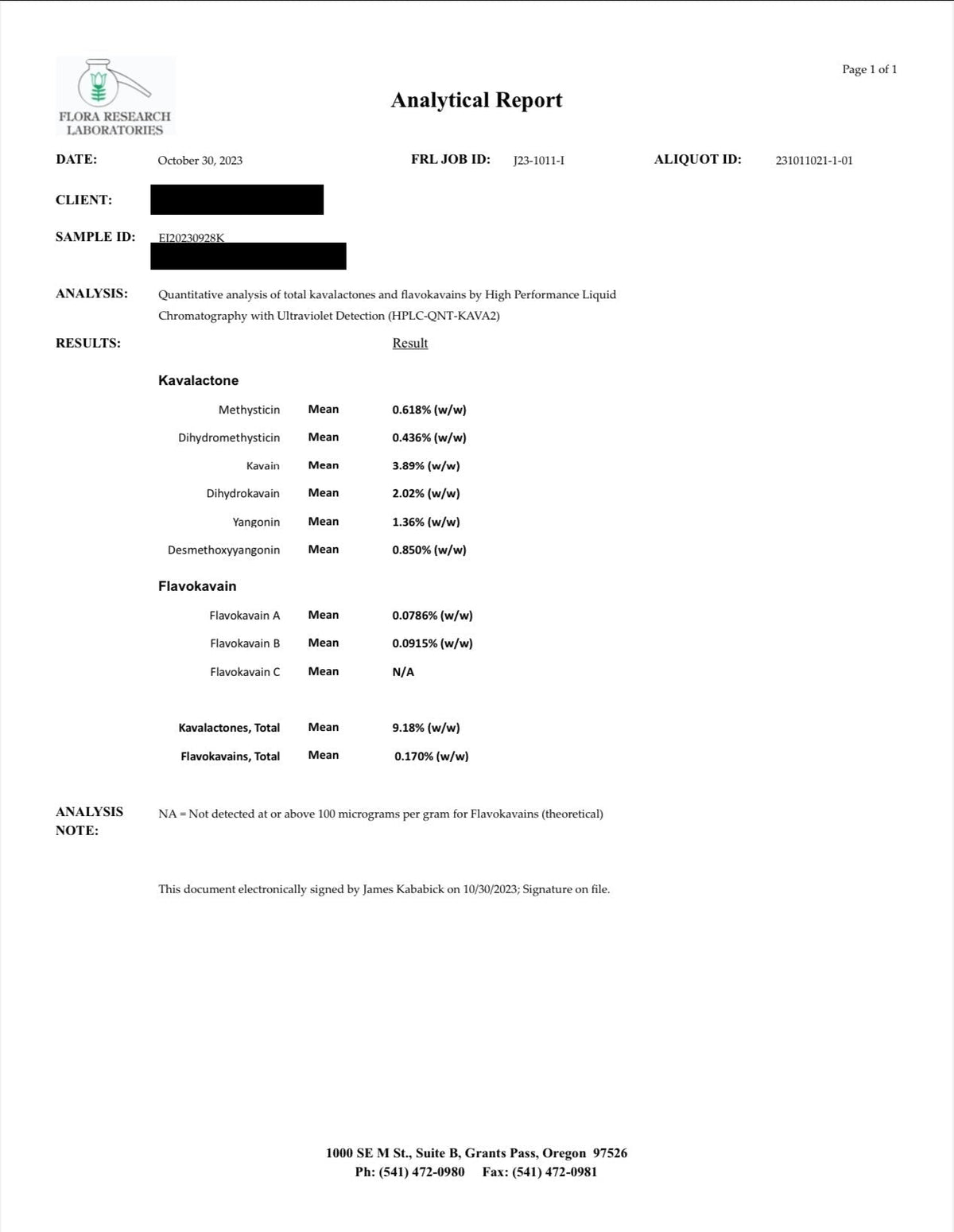 Kelai Kava Instant certificate of analysis, supplier lab report (redacted), total kavalactones 9.18%