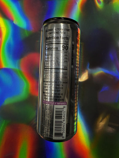 Back of Hard Ketones Piña Colada Seltzer can showing the nutrition facts panel and ingredient list, confirming 0 sugar, 0 carbs, and 15g Ketohol.