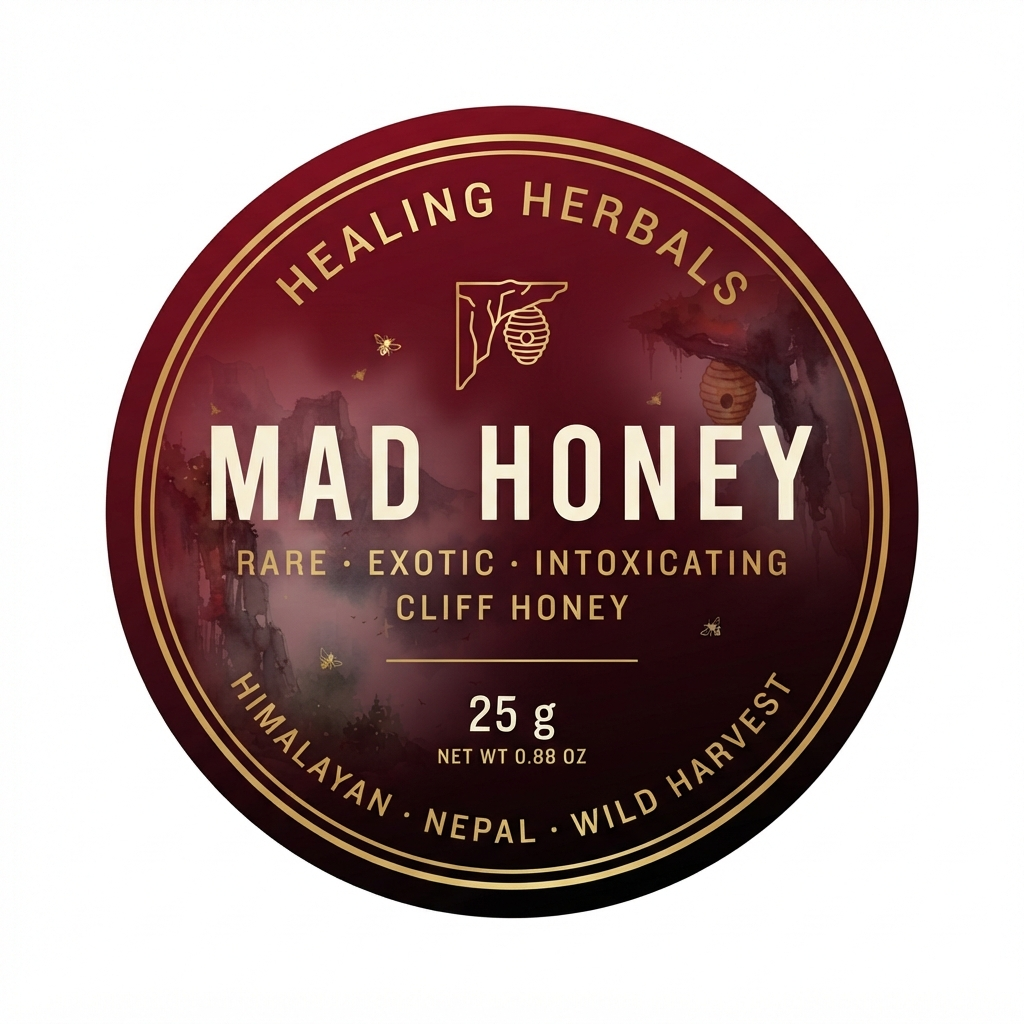 Healing Herbals Mad Honey High Potency label - rare exotic intoxicating cliff honey, 25g jar, 21+