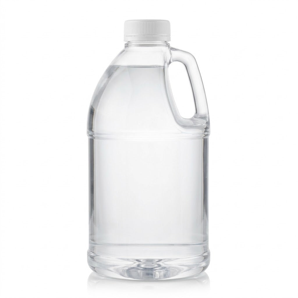 One gallon clear plastic jug with a handle and white cap filled with clear food grade vegetable glycerin