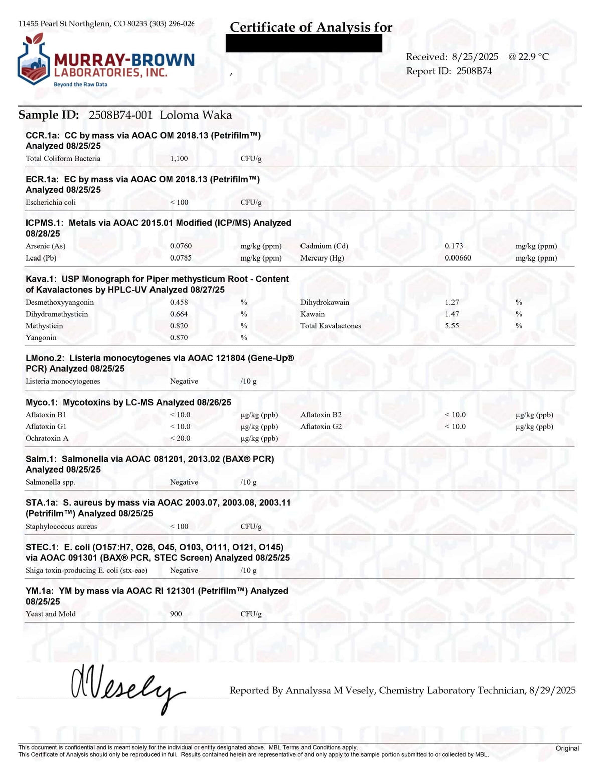 Certificate of Analysis - Kava Medium Grind, Waka variety - supplier lab report (redacted)