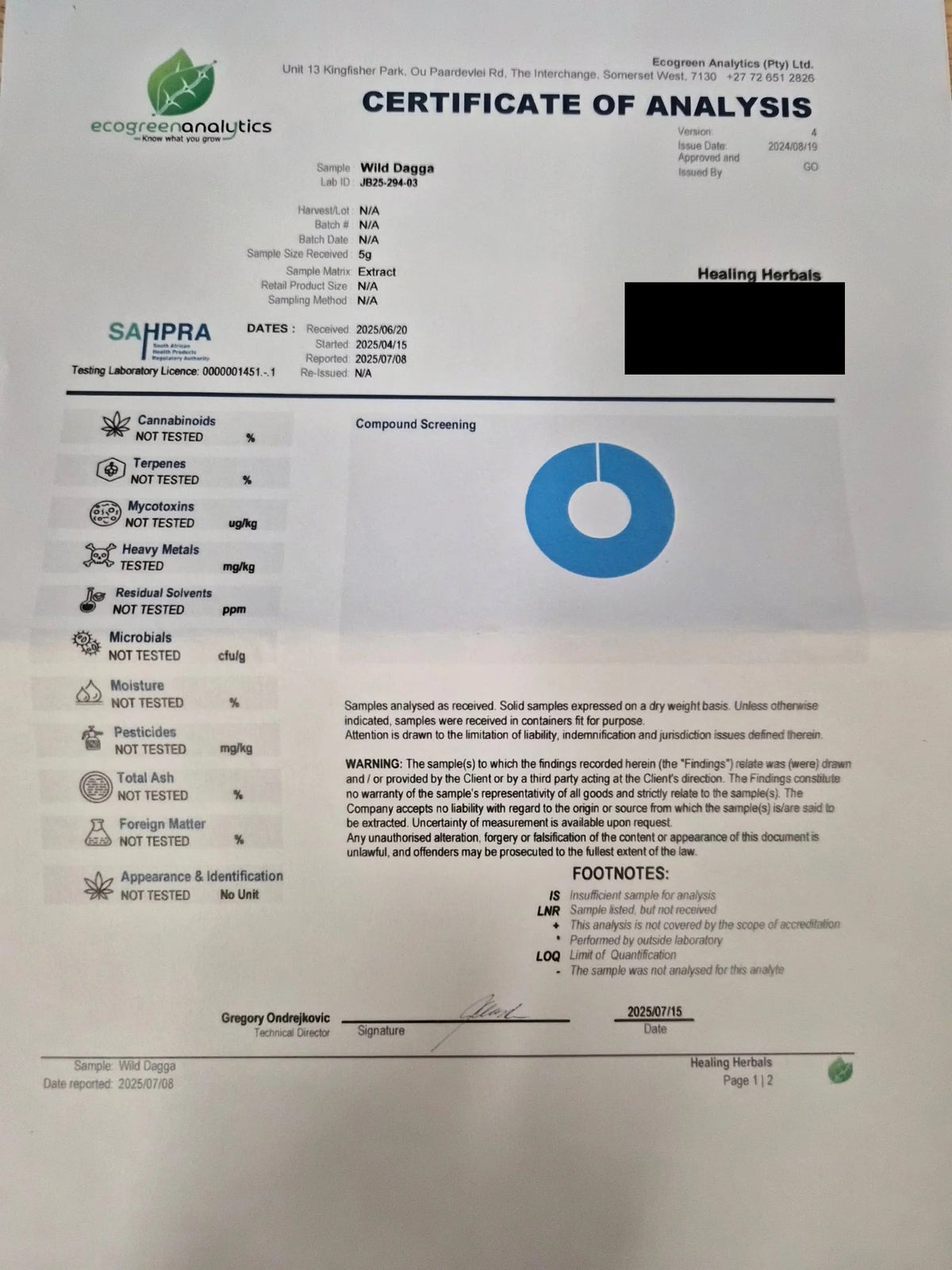 Certificate of Analysis - Wild Dagga Extract - Ecogreen Analytics JB25-294-03, page 1 (client details redacted)